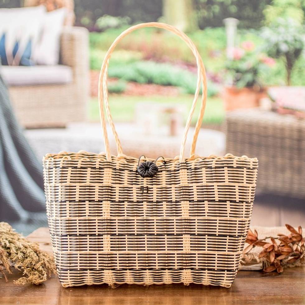 Handwoven Tote in Black and Pale Yellow from Guatemala 'Delightful Day in Black'