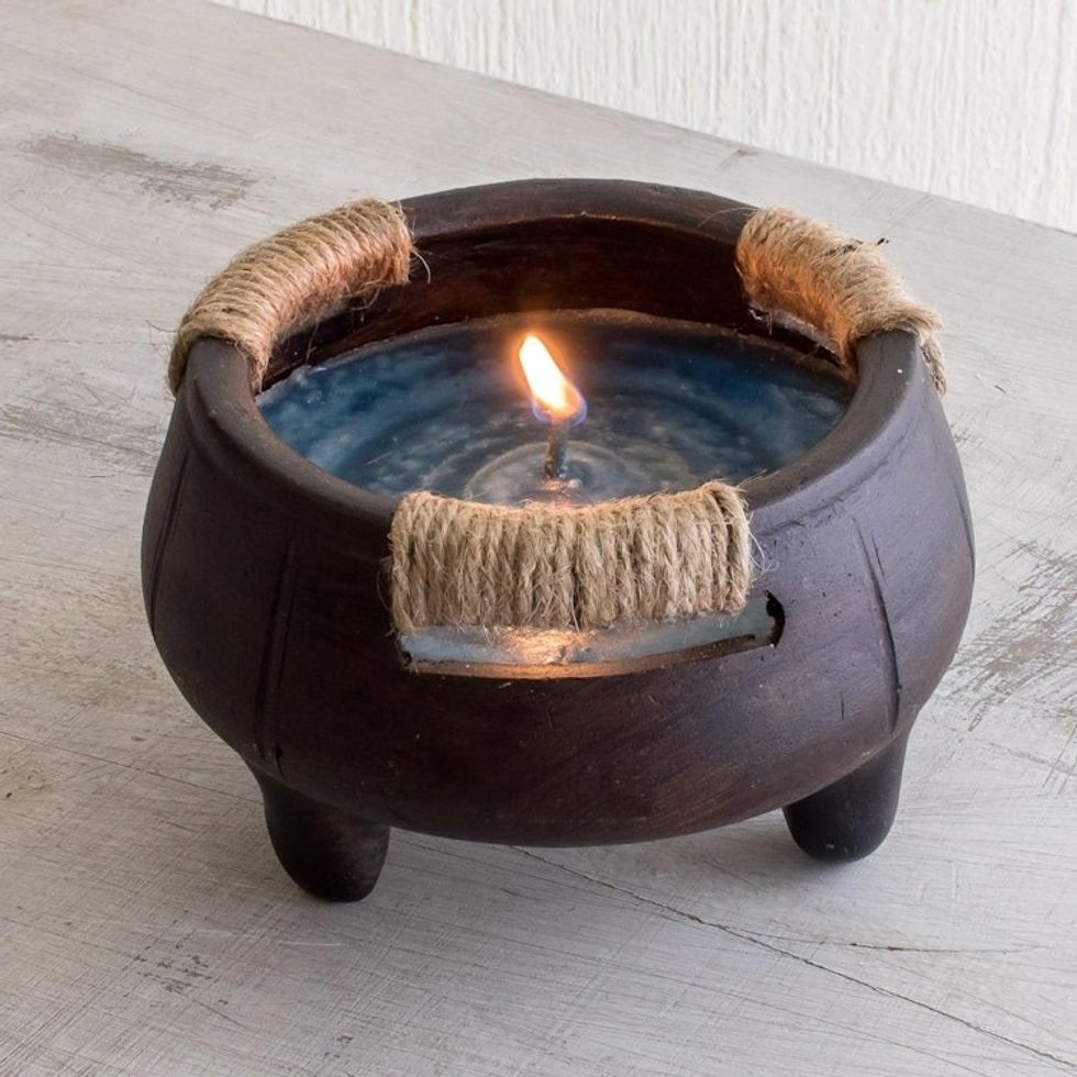 Hand Crafted Brown Ceramic Filled Jar Candle 'Turquoise Sea'