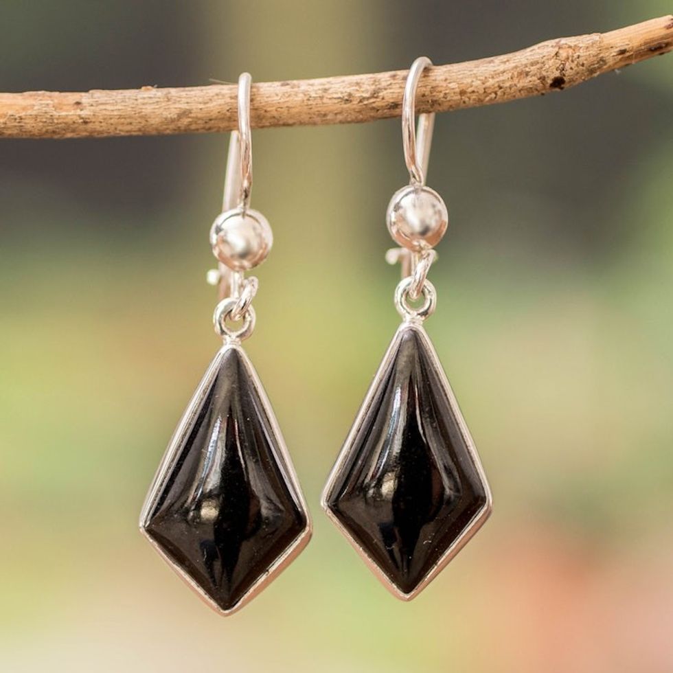Black Guatemalan Jade Earrings in Sterling Silver 'Jungle Pyramids'