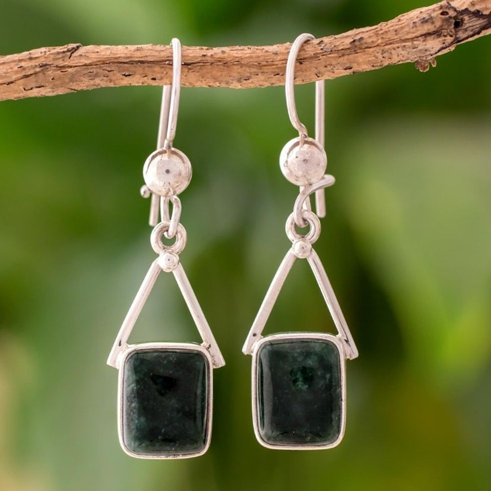 Dark Green Jade Dangle Earrings from Mexico 'Mayan Peaks in Dark Green'