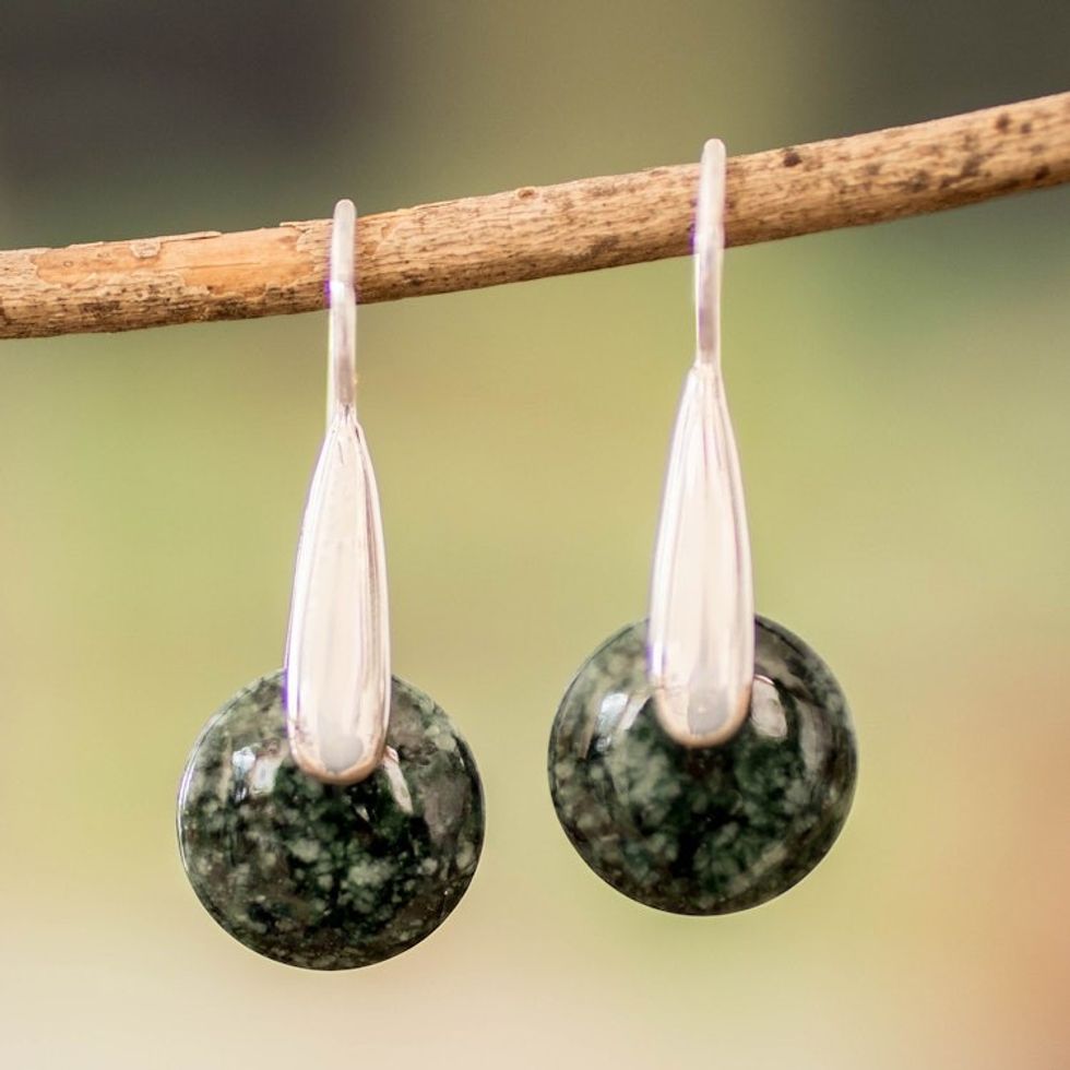 Modern Green Jade Silver Drop Earrings with Circle Motif 'Green Circle of Love'