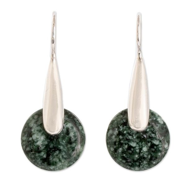 Alternate image for Modern Green Jade Silver Drop Earrings with Circle Motif Green Circle of Love
