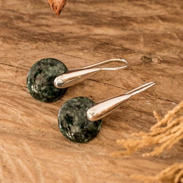 Alternate image for Modern Green Jade Silver Drop Earrings with Circle Motif Green Circle of Love