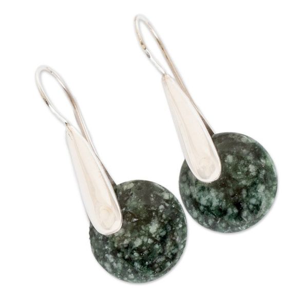 Alternate image for Modern Green Jade Silver Drop Earrings with Circle Motif Green Circle of Love