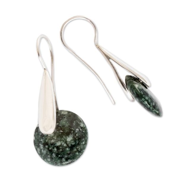 Alternate image for Modern Green Jade Silver Drop Earrings with Circle Motif Green Circle of Love