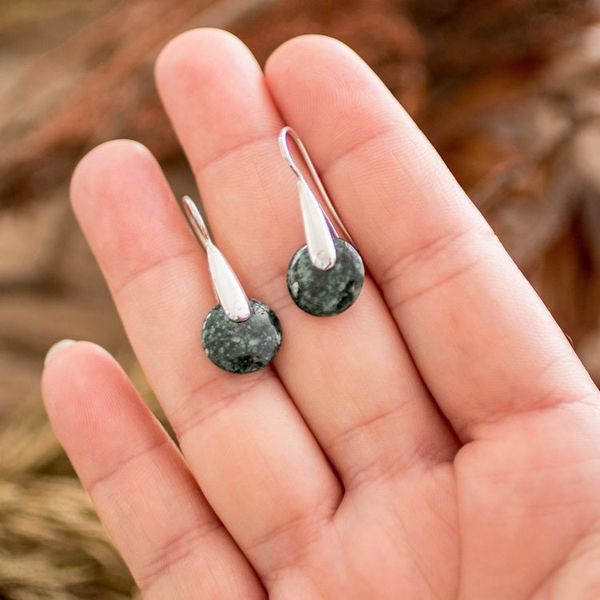 Alternate image for Modern Green Jade Silver Drop Earrings with Circle Motif Green Circle of Love