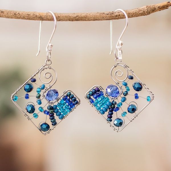 Alternate image for Geometric Blue Crystal and Glass Beaded Dangle Earrings Harmonious Blue Constellation