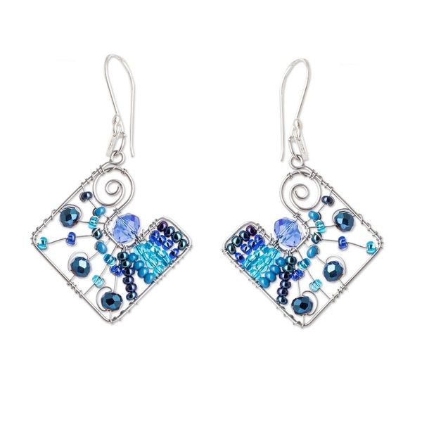 Alternate image for Geometric Blue Crystal and Glass Beaded Dangle Earrings Harmonious Blue Constellation