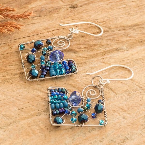 Alternate image for Geometric Blue Crystal and Glass Beaded Dangle Earrings Harmonious Blue Constellation