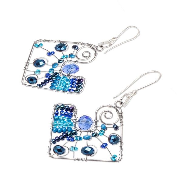 Alternate image for Geometric Blue Crystal and Glass Beaded Dangle Earrings Harmonious Blue Constellation
