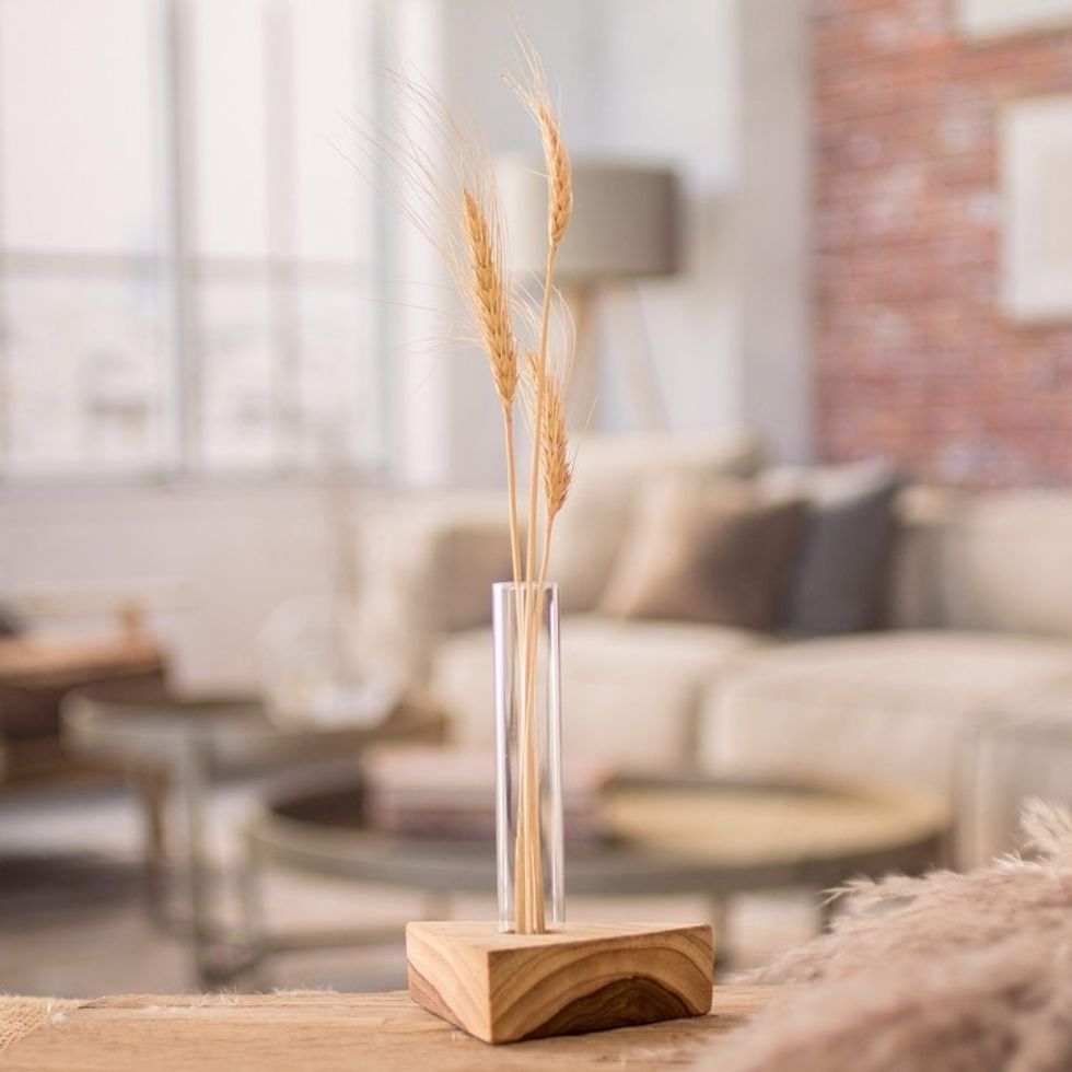 Glass Tube Vase with Teak Wood Stand Made in Guatemala 'Home Glamour'