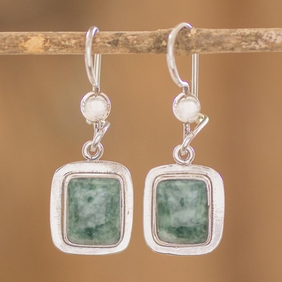 Fair Trade Modern Green Jade and Silver Earrings 'Modern Maya'
