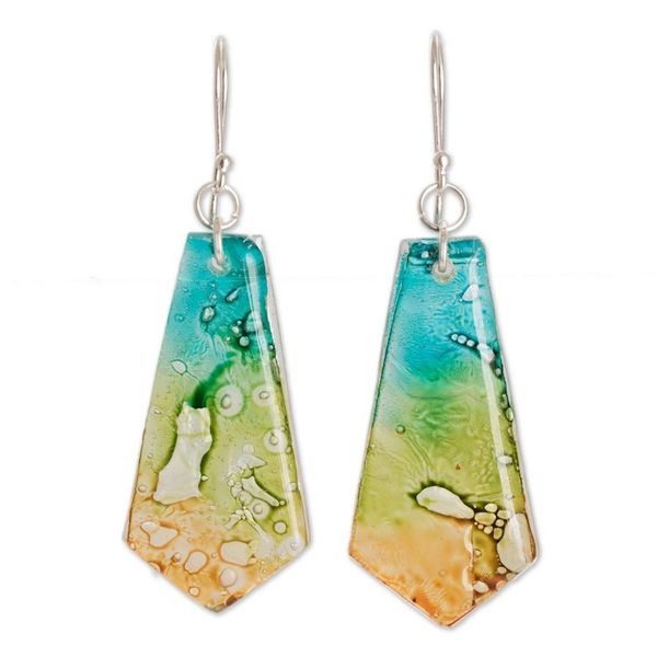 Alternate image for Handmade Recycled CD Dangle Earrings from Guatemala Vibrant Ocean