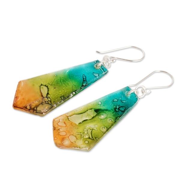 Alternate image for Handmade Recycled CD Dangle Earrings from Guatemala Vibrant Ocean