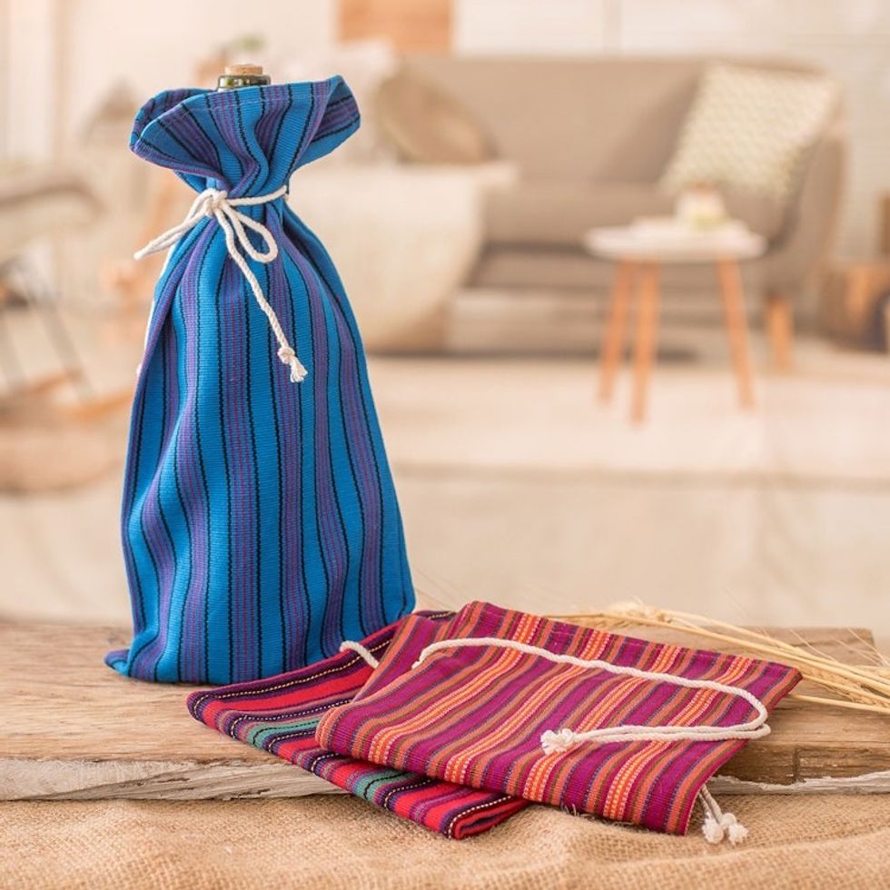 Colorful Handwoven Cotton Wine Bottle Bags Set of 3 'Cheers'