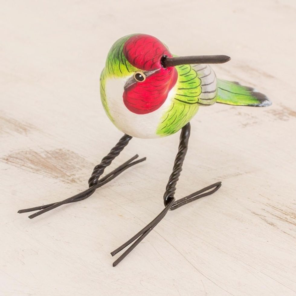 Handcrafted Red-Headed Anna's Hummingbird Ceramic Figurine 'Anna's Hummingbird'