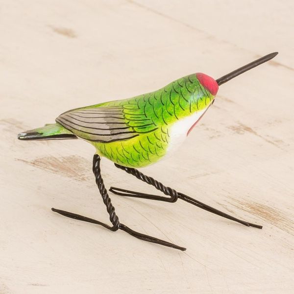 Alternate image for Handcrafted Red-Headed Annas Hummingbird Ceramic Figurine Annas Hummingbird