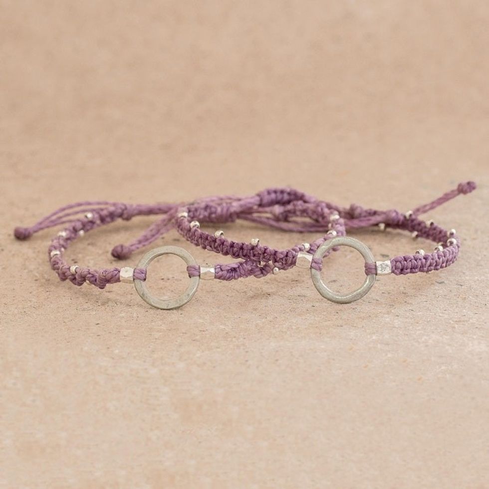 Adjustable Lavender Macrame Bracelets Pair 'Circle Center'