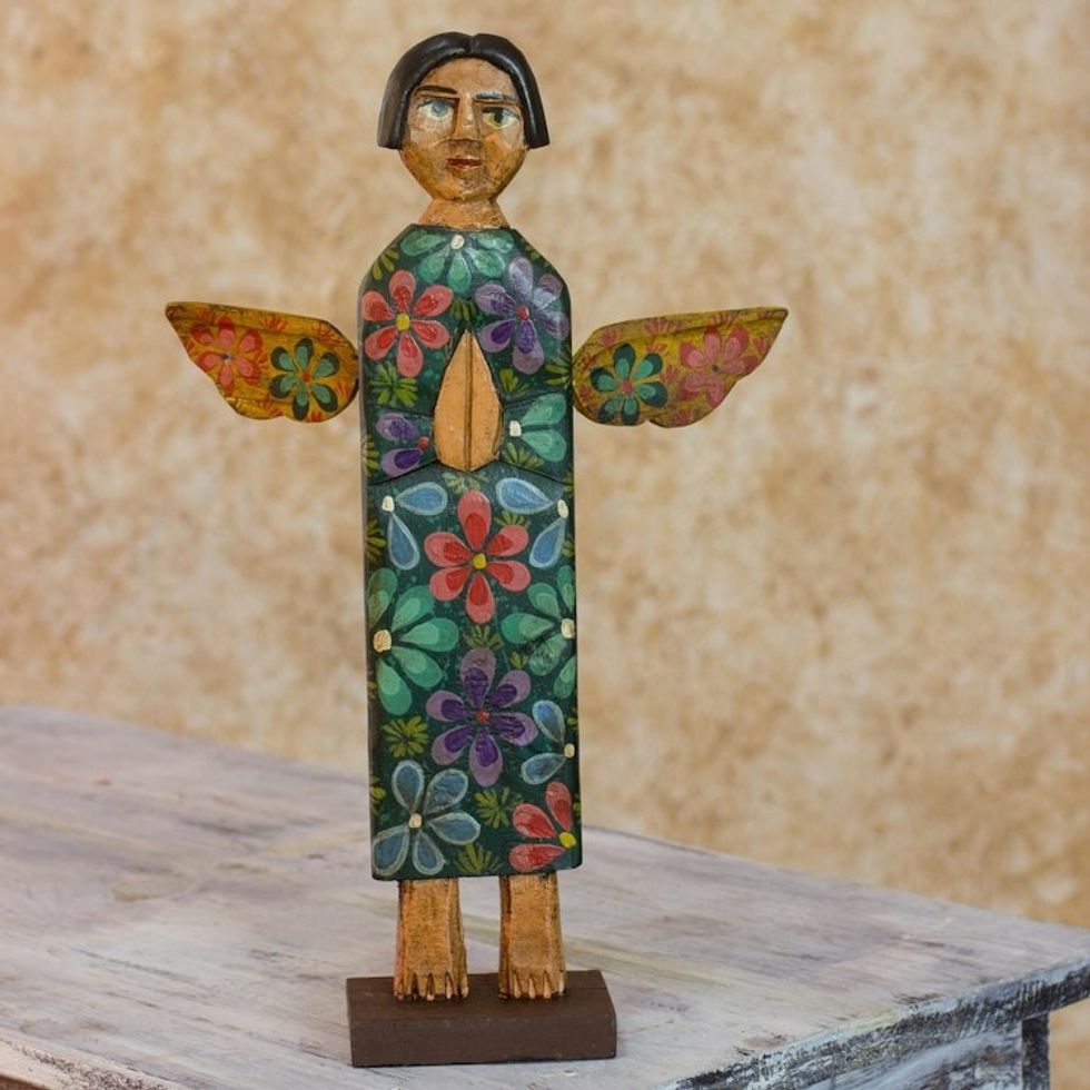 Hand Carved Rustic Pinewood Christian Angel Sculpture 'Healing Angel'