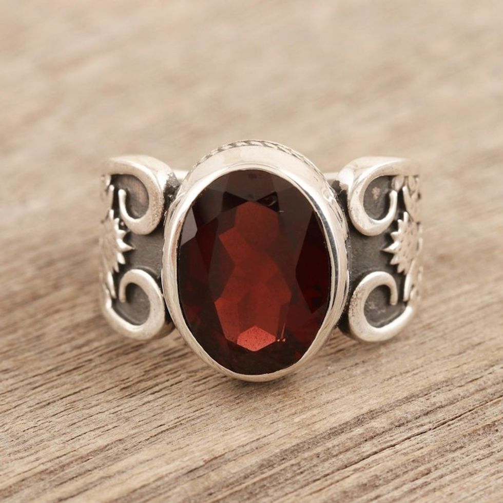 Men's Sterling Silver and Garnet Single Stone Ring 'Radiant Flux'