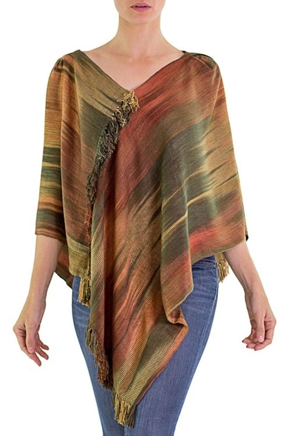 Alternate image for Hand Woven Ginger Rayon Poncho from Guatemala Ethereal Ginger