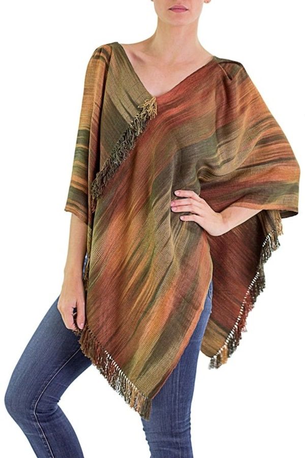 Alternate image for Hand Woven Ginger Rayon Poncho from Guatemala Ethereal Ginger