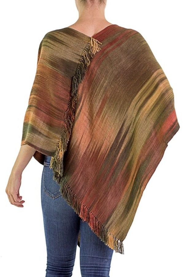 Alternate image for Hand Woven Ginger Rayon Poncho from Guatemala Ethereal Ginger