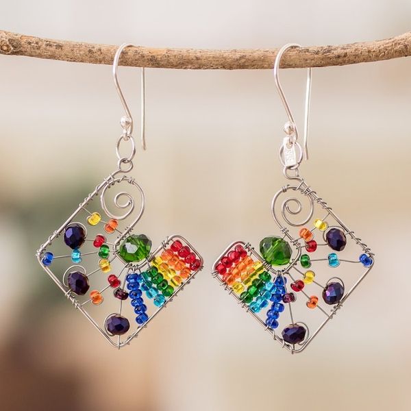 Alternate image for Geometric Rainbow Crystal and Glass Beaded Dangle Earrings Harmonious Constellation