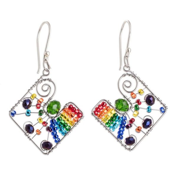 Alternate image for Geometric Rainbow Crystal and Glass Beaded Dangle Earrings Harmonious Constellation