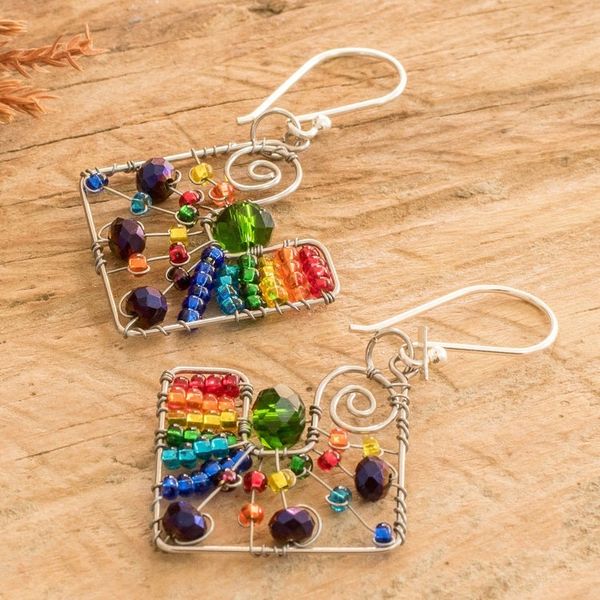 Alternate image for Geometric Rainbow Crystal and Glass Beaded Dangle Earrings Harmonious Constellation