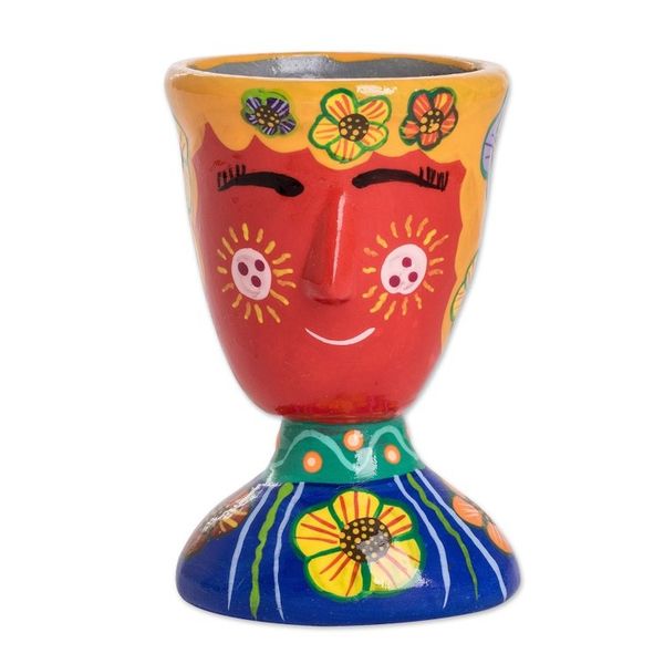 Alternate image for Whimsical Hand-Painted Red and Blue Ceramic Flower Pot Vivacious Nature
