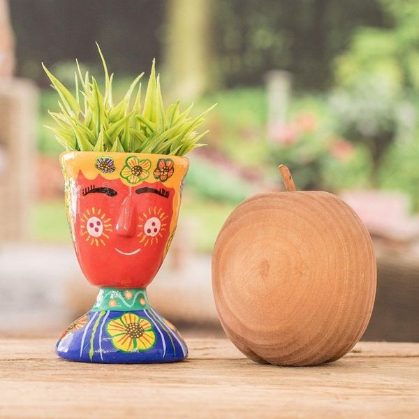 Alternate image for Whimsical Hand-Painted Red and Blue Ceramic Flower Pot Vivacious Nature