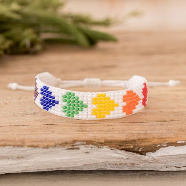 Alternate image for Rainbow-Toned Heart-Themed Glass Beaded Wristband Bracelet Rainbow Love