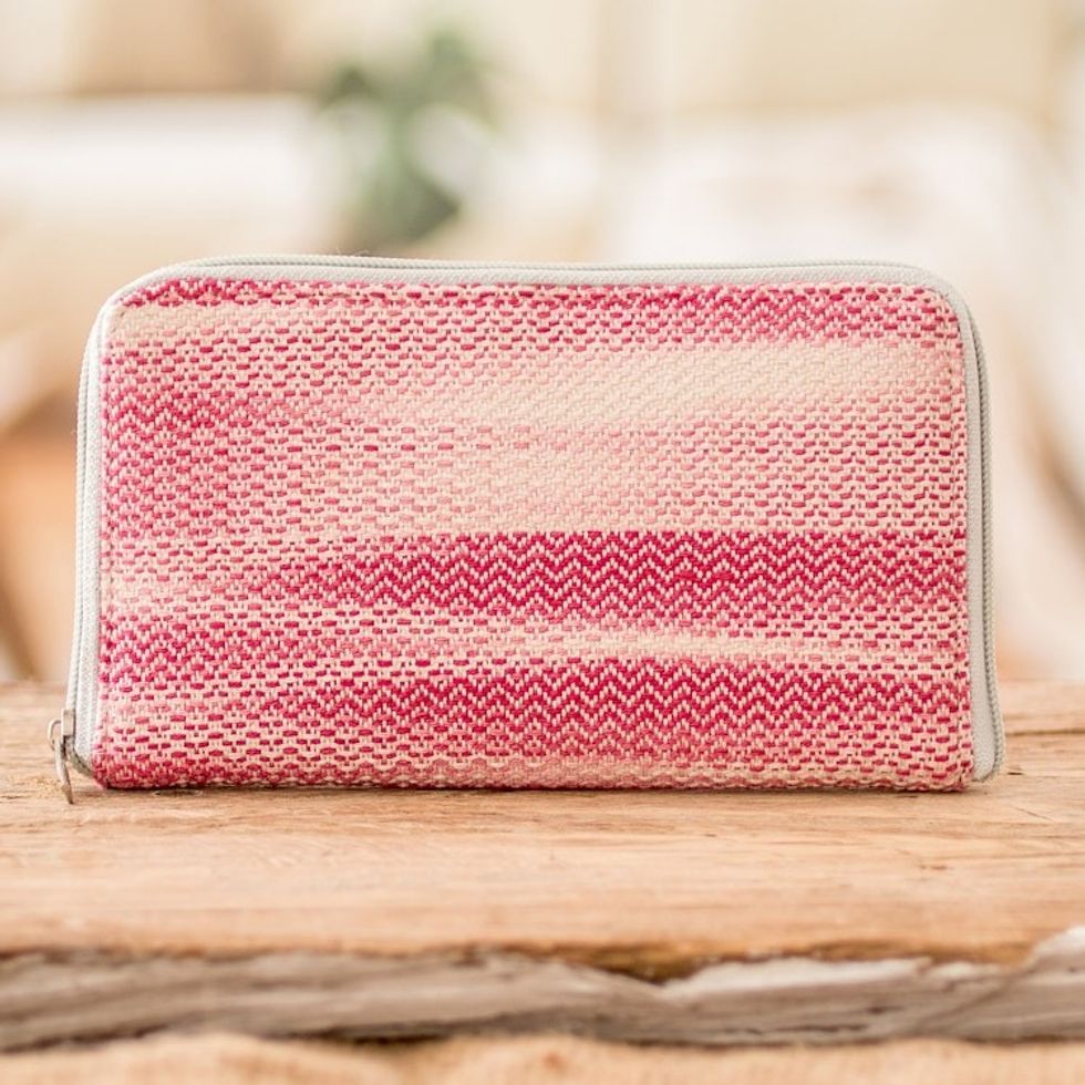 Hand-Woven Cotton Zipper Wallet in Cherry Pink and White 'Colors of Tradition in Cherry'