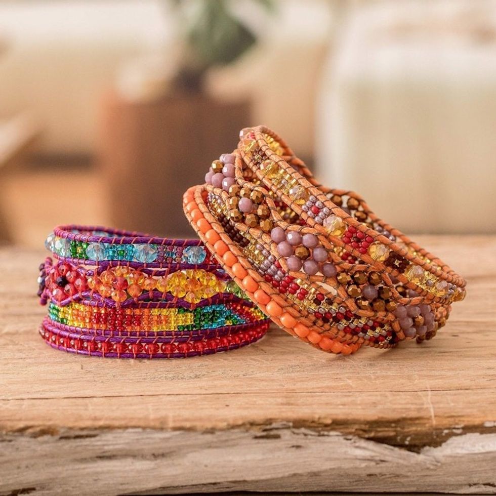 Two Handcrafted Beaded Positive Energy Long Wrap Bracelets 'Protection and Joy'