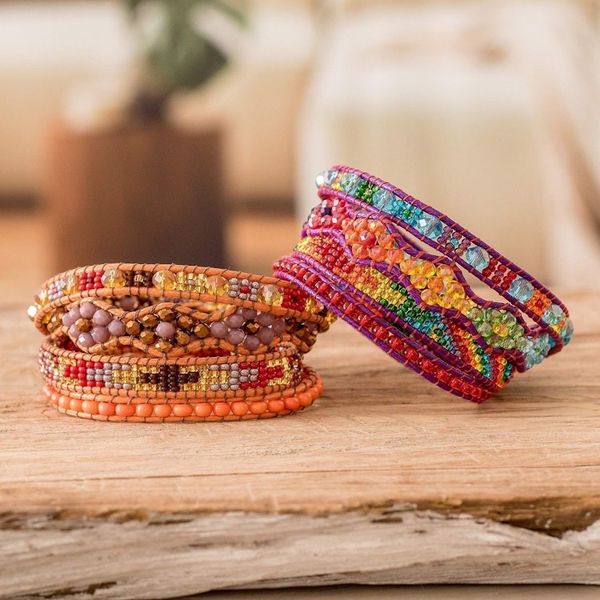 Alternate image for Two Handcrafted Beaded Positive Energy Long Wrap Bracelets Protection and Joy