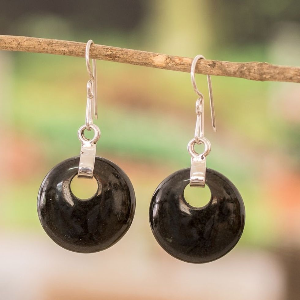 Fair Trade Jade Dangle Earrings with 925 Silver 'Black Maya Moon'