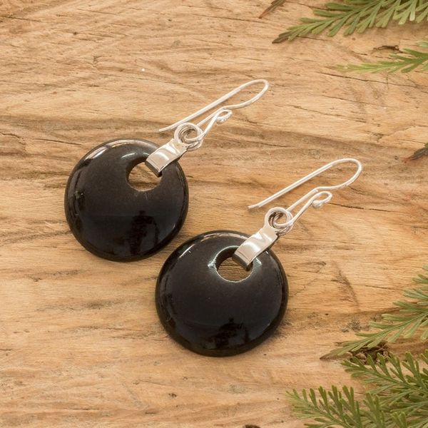 Alternate image for Fair Trade Jade Dangle Earrings with 925 Silver Black Maya Moon