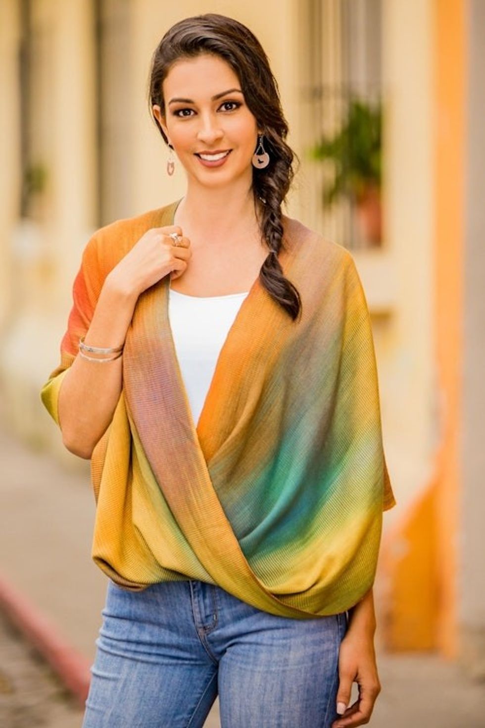 Asymmetrical Hand Woven Rayon Poncho from Guatemala 'Rainbow Charm'