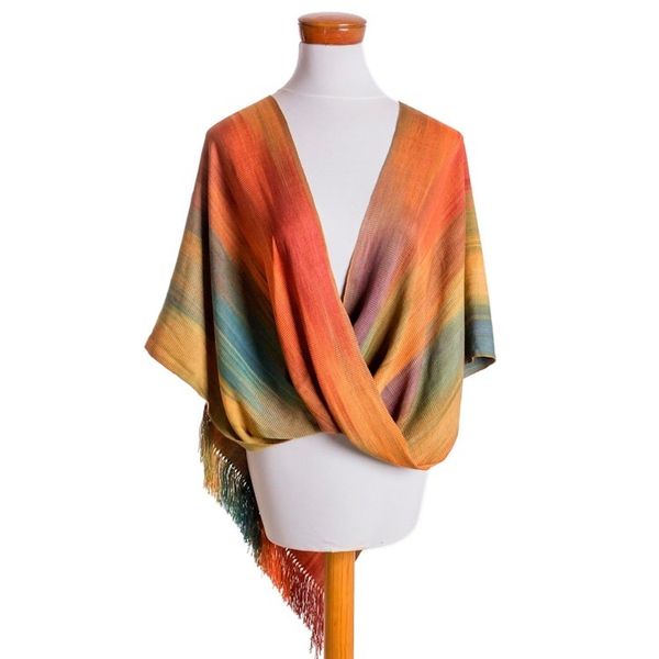 Alternate image for Asymmetrical Hand Woven Rayon Poncho from Guatemala Rainbow Charm