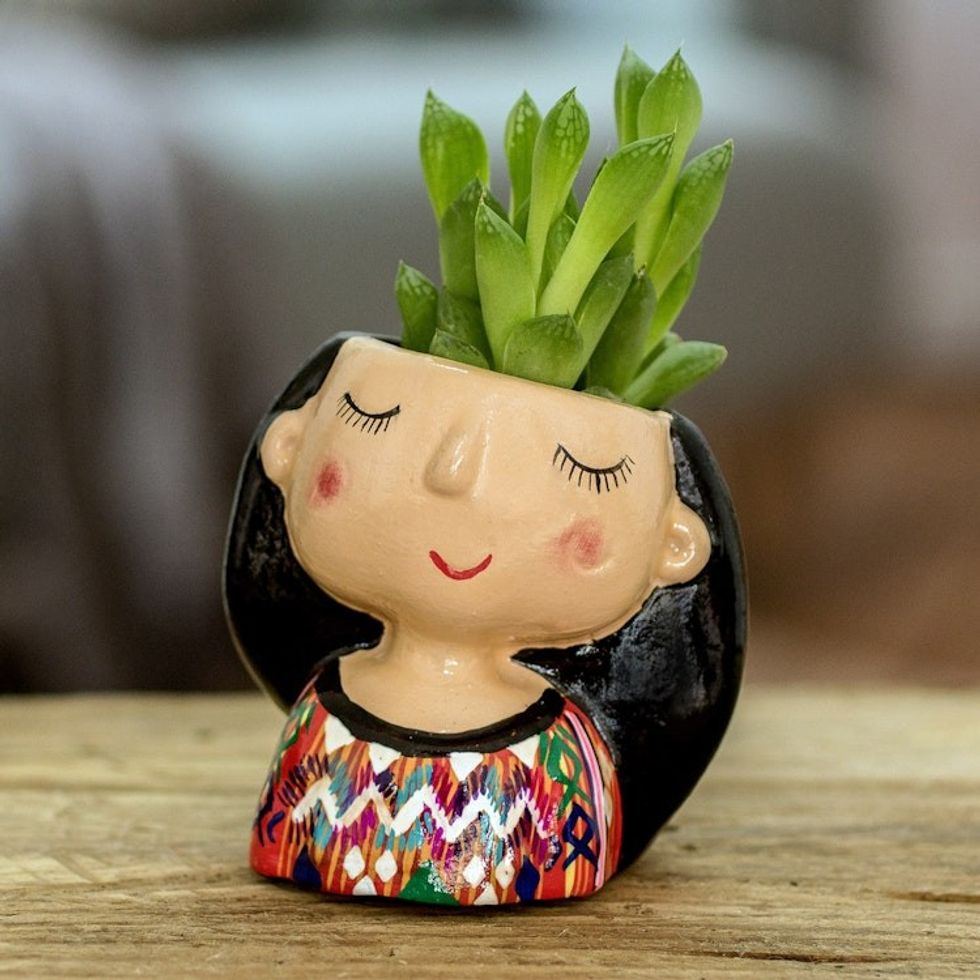 Handpainted Mini Ceramic Flower Pot in the Shape of a Woman 'Julia Dreaming'
