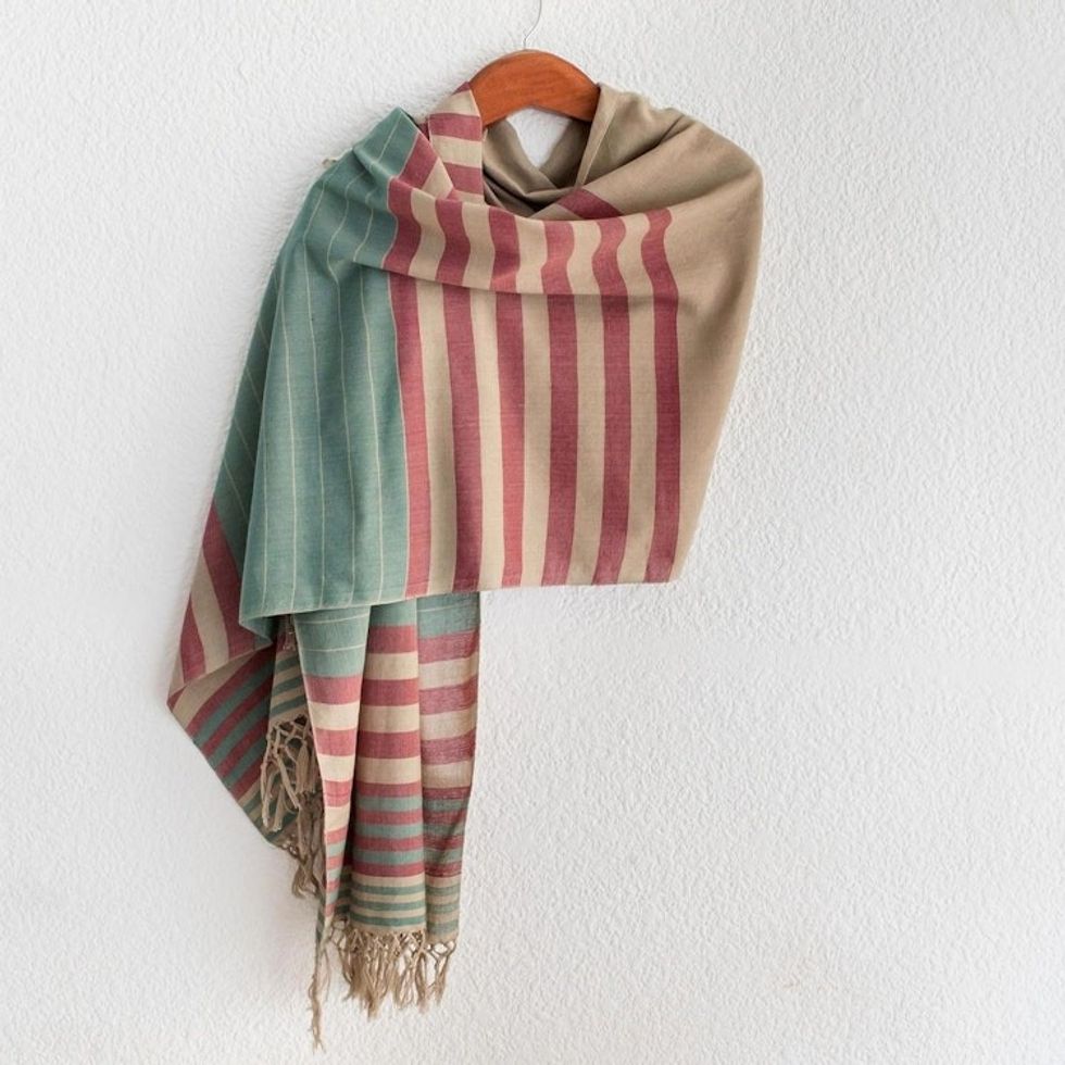Handwoven Striped Cotton Shawl 'Maroon Comalapa Breeze'