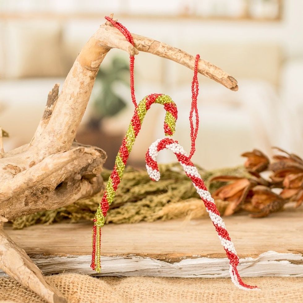 Pair of Glass Beaded Candy Cane-Themed Christmas Ornaments 'Candy Cane Duo'