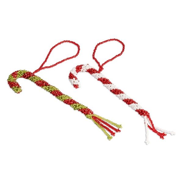 Alternate image for Pair of Glass Beaded Candy Cane-Themed Christmas Ornaments Candy Cane Duo