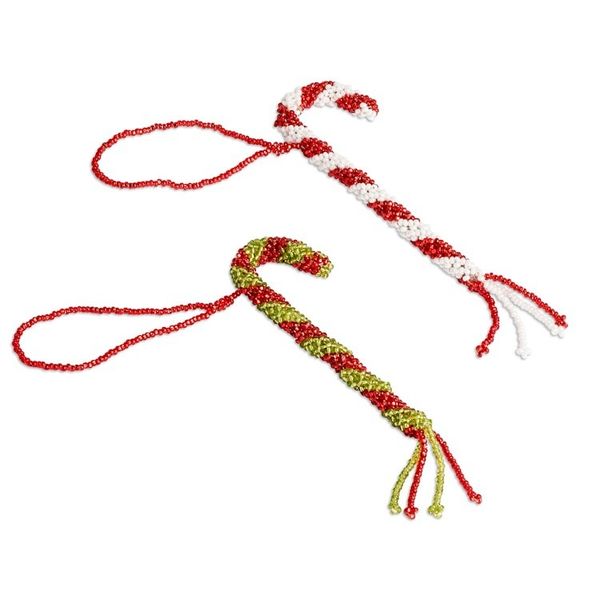 Alternate image for Pair of Glass Beaded Candy Cane-Themed Christmas Ornaments Candy Cane Duo