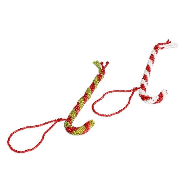 Alternate image for Pair of Glass Beaded Candy Cane-Themed Christmas Ornaments Candy Cane Duo