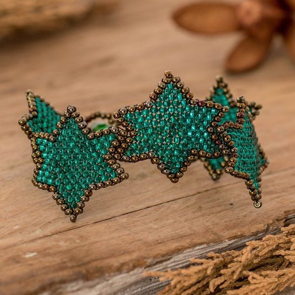 Alternate image for Teal Bronze Star-Themed Handmade Beaded Wristband Bracelet Teal Starlight