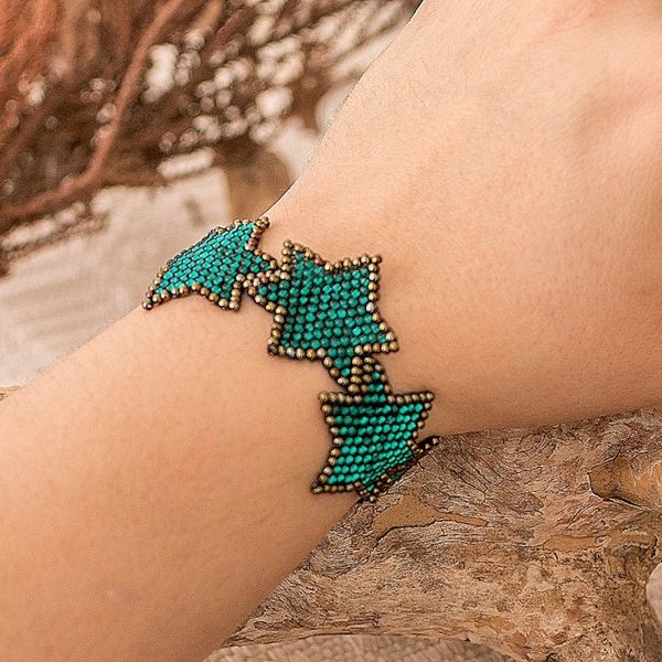 Alternate image for Teal Bronze Star-Themed Handmade Beaded Wristband Bracelet Teal Starlight