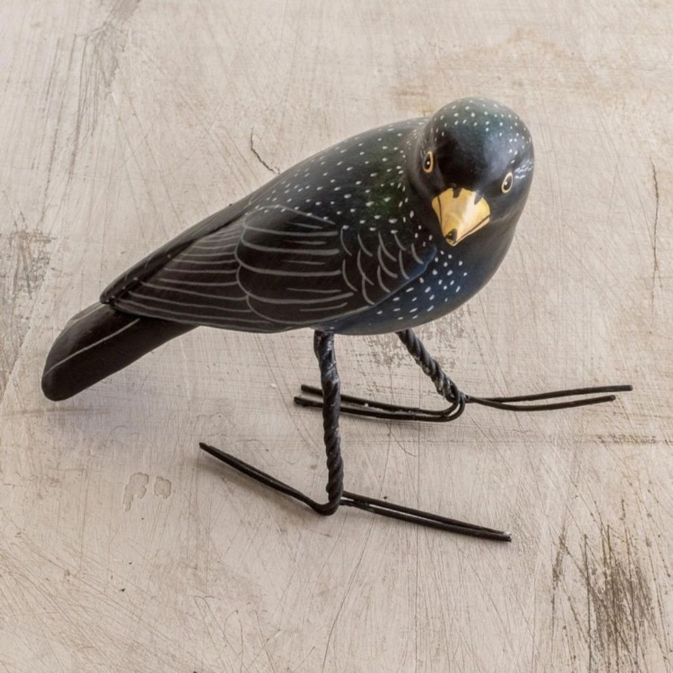 Guatemalan Handcrafted Posable Ceramic Starling Figurine 'Black Starling'