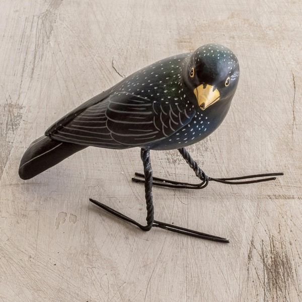 Alternate image for Guatemalan Handcrafted Posable Ceramic Starling Figurine Black Starling